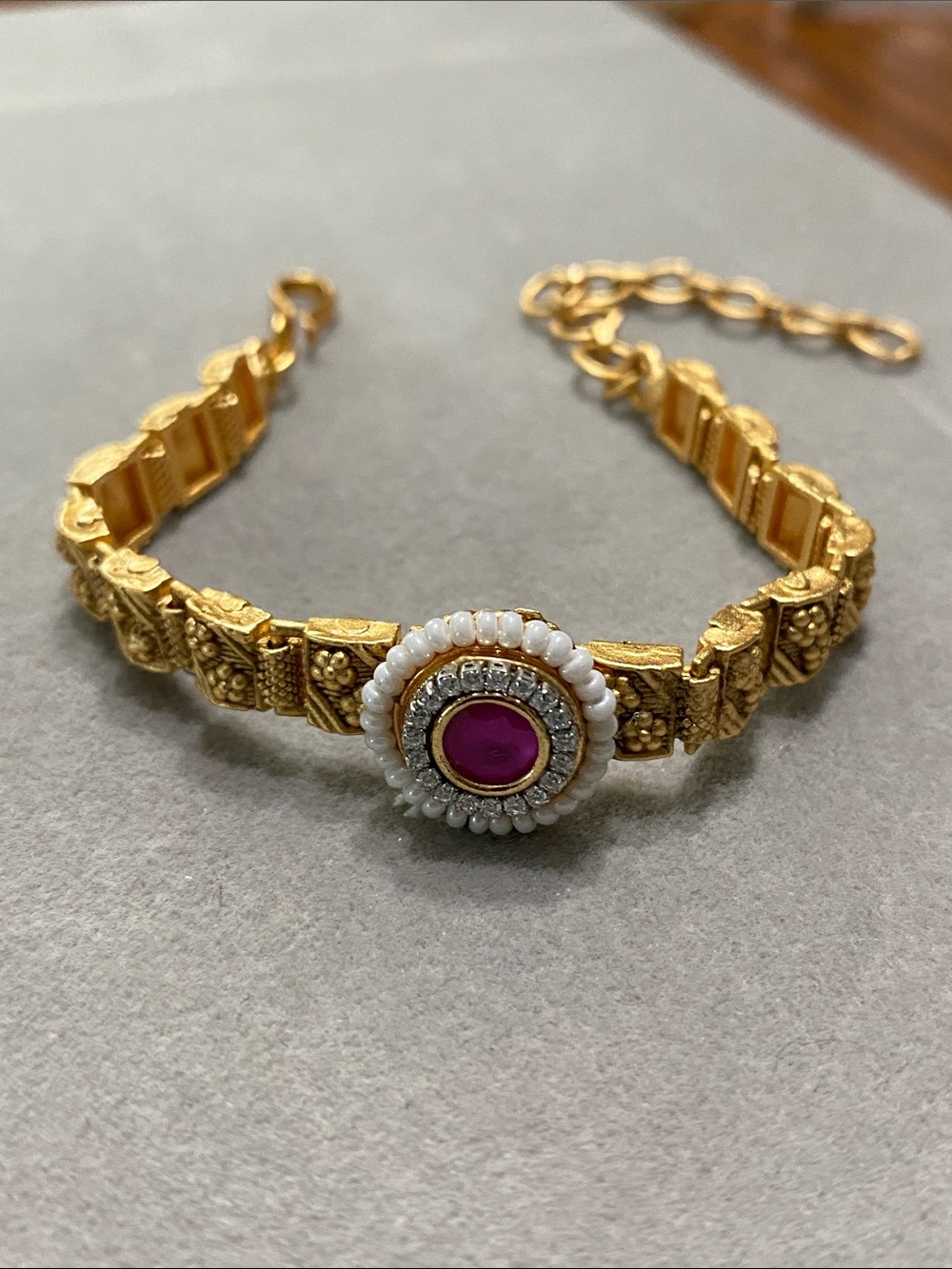 Indian Bracelet with Pink Center Stone and Pearl Surround
